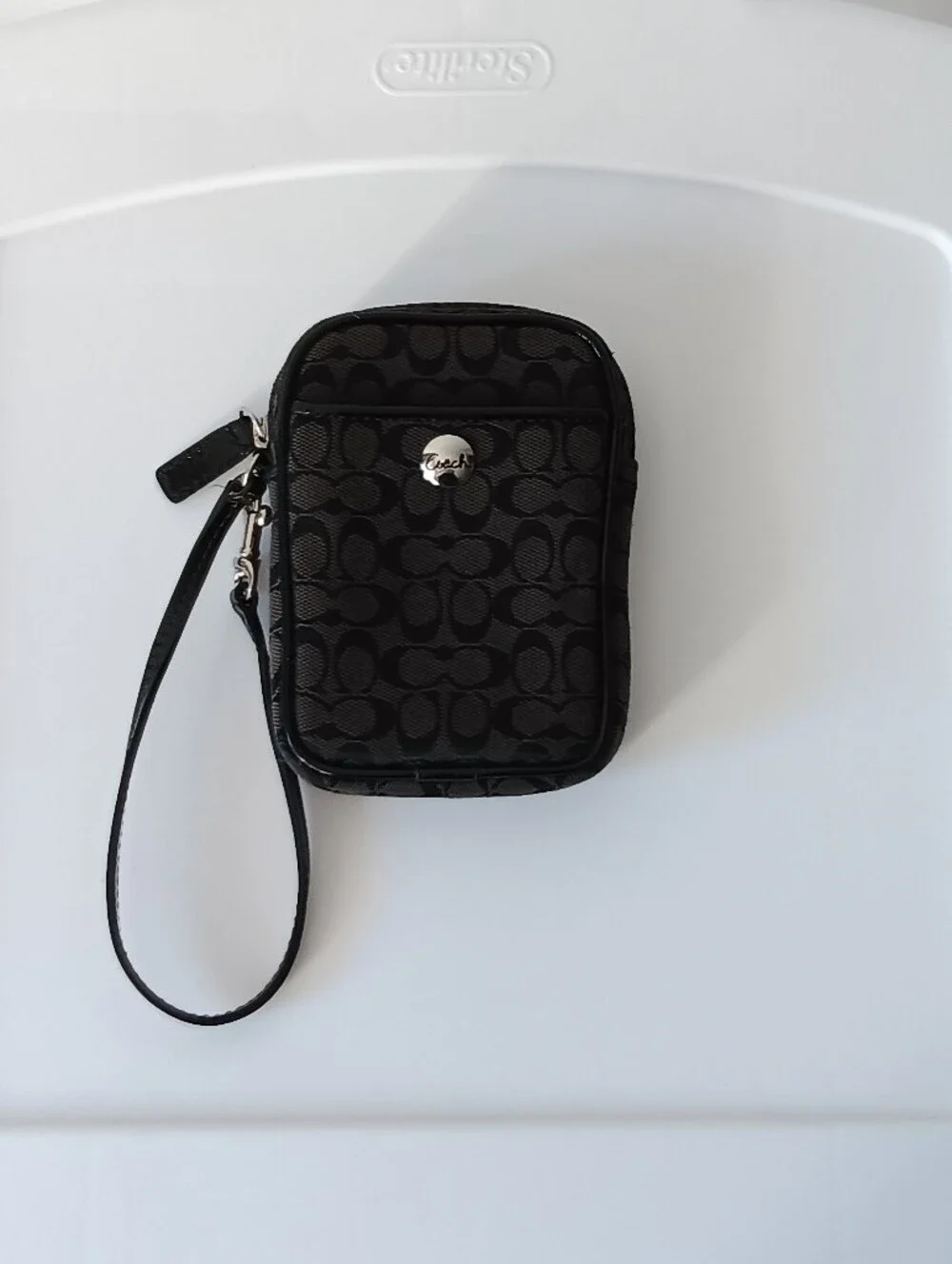 Vintage Coach Signature Canvas Leather Wristlet Phone Case Bag Black Silver